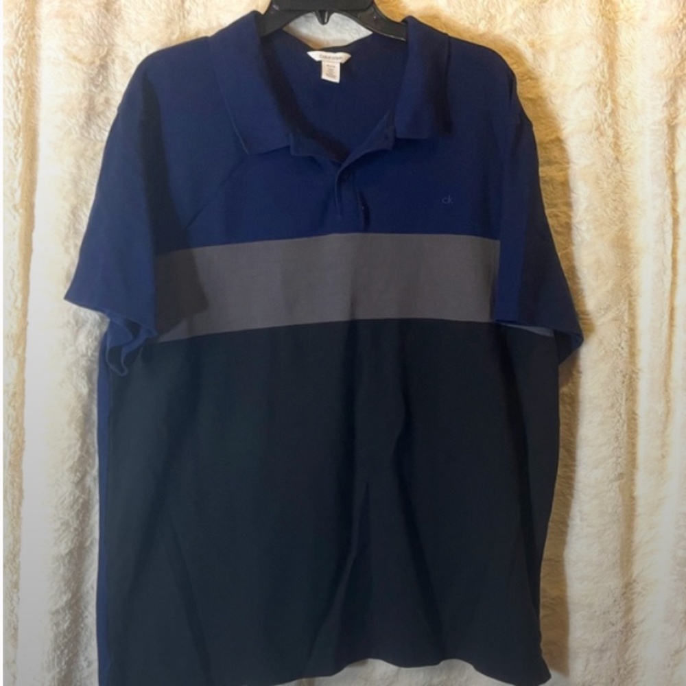 Calvin Klein Shirt Mens Size XXL Blue Gray Black Colorblock Polo Cotton Collared